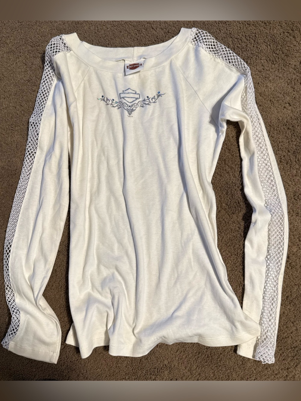 Harley-Davidson White Top with Silver Glitter Emblem and Blue Accents